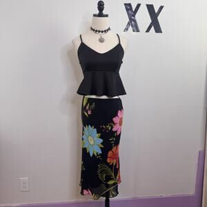 Vintage 90s Black Vivid Floral Midi Skirt Layered Flared Indie Grunge Fairy M